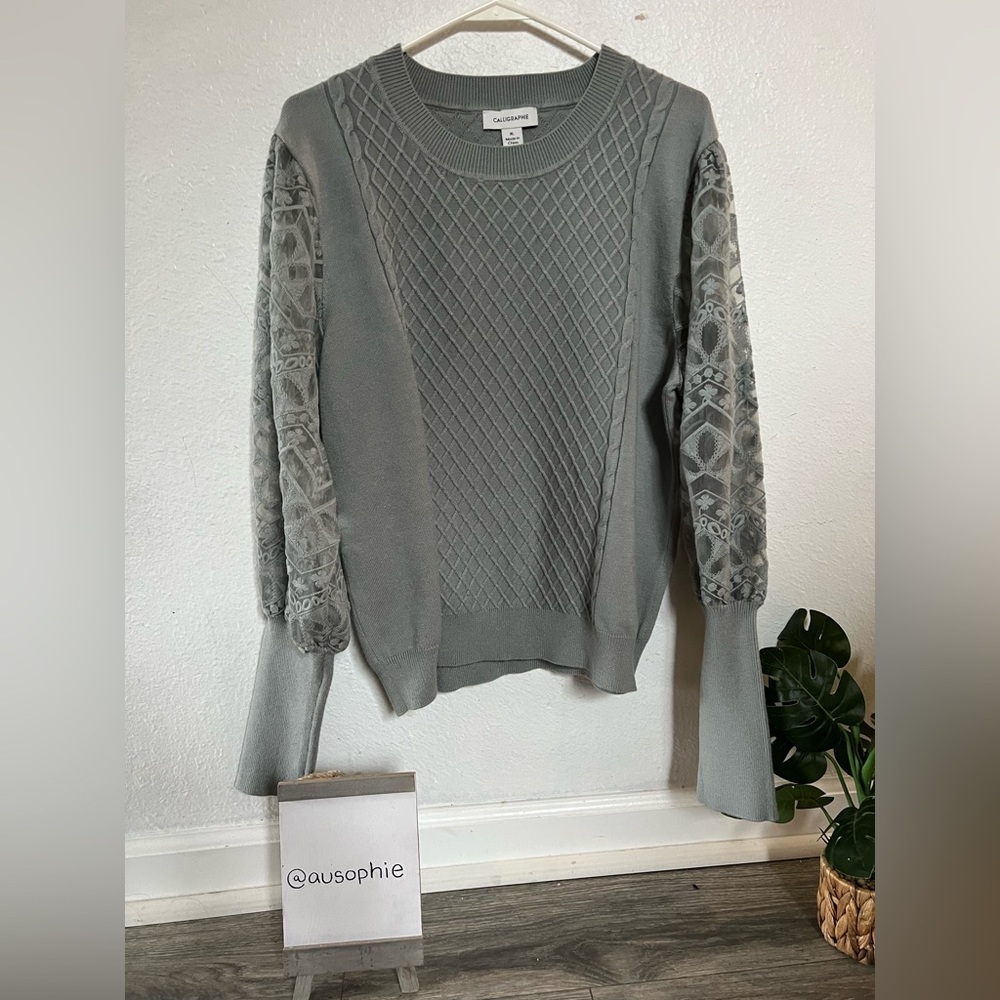 Calligraphie sheer puff sleeve sweater top.